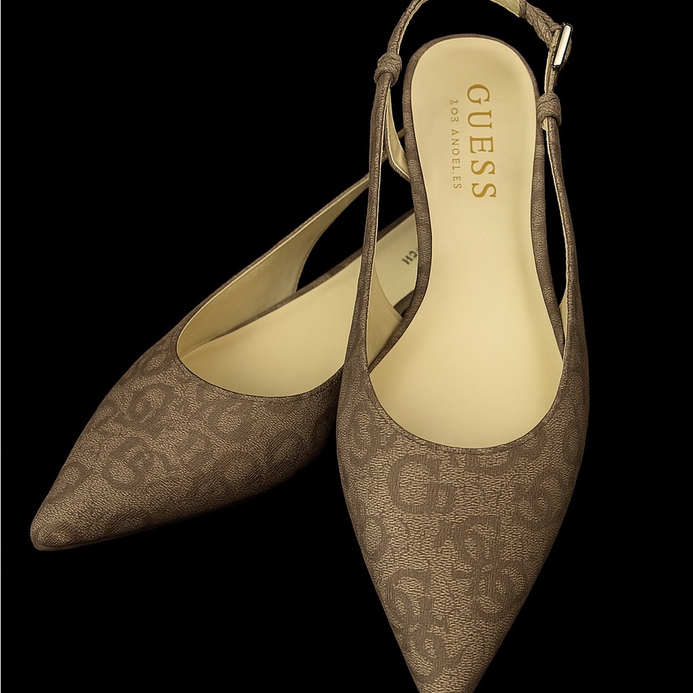GUESS Pointed Toe Slingback Flats – Monogram Print, Size 5.5